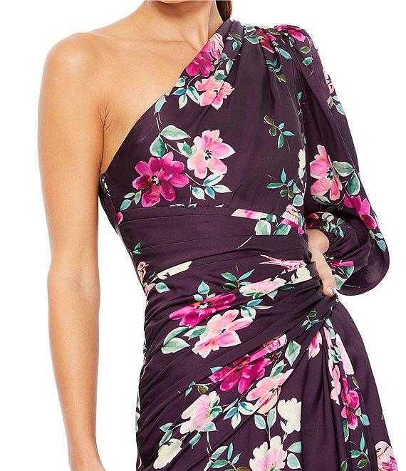 Mac Duggal Floral One Shoulder One Long Sleeve High Front Slit Gown Product Image
