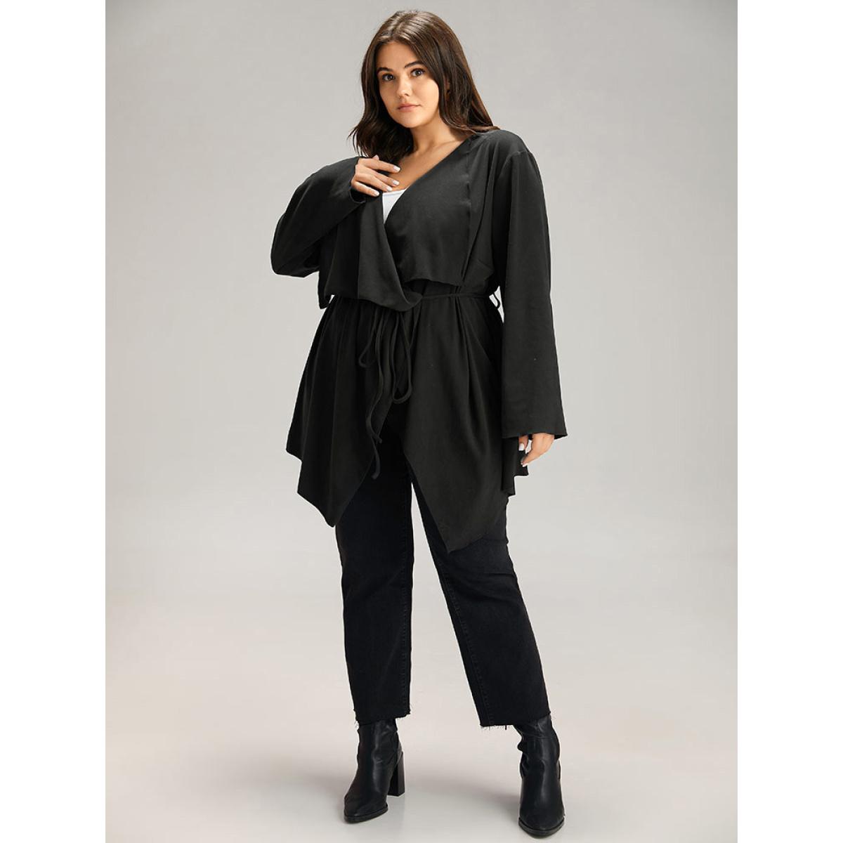 Plus Size Solid Rib Knit Ties Lapel Collar Kimono Women Black Casual Plain Belt Dailywear Kimonos BloomChic 10/M Product Image