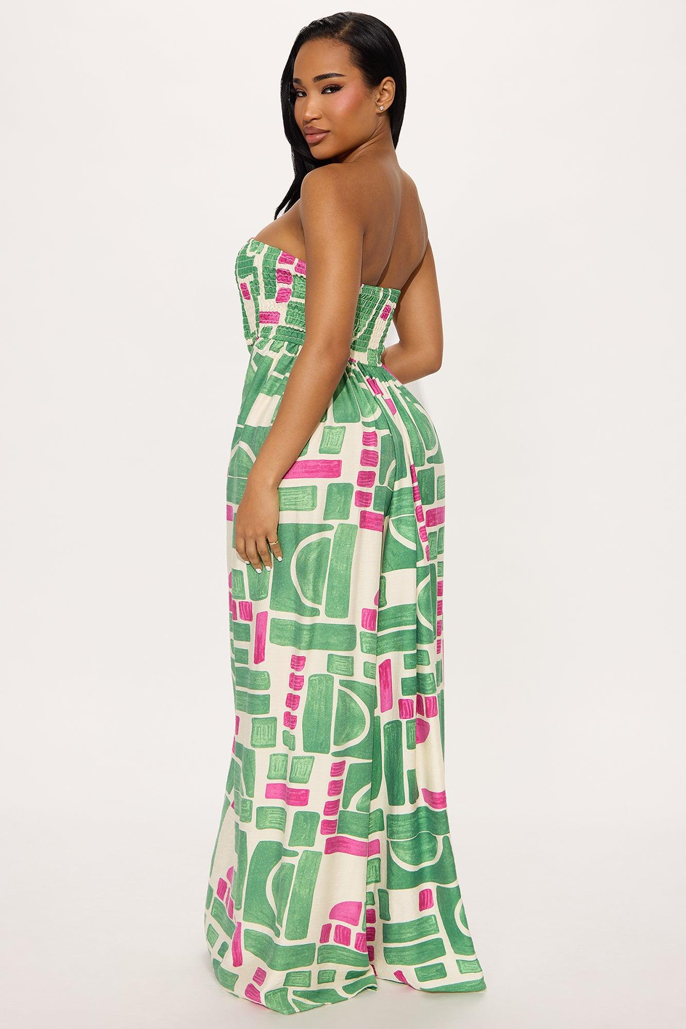 Nissa Strapless Smocked Jumpsuit - Green/combo Product Image