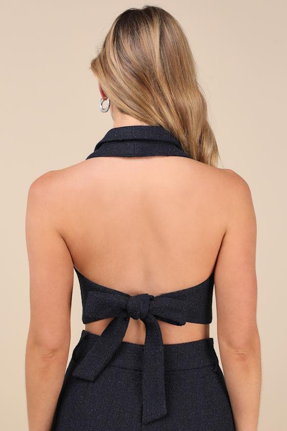 Looking Posh Navy Tweed Backless Cropped Halter Vest Top Product Image