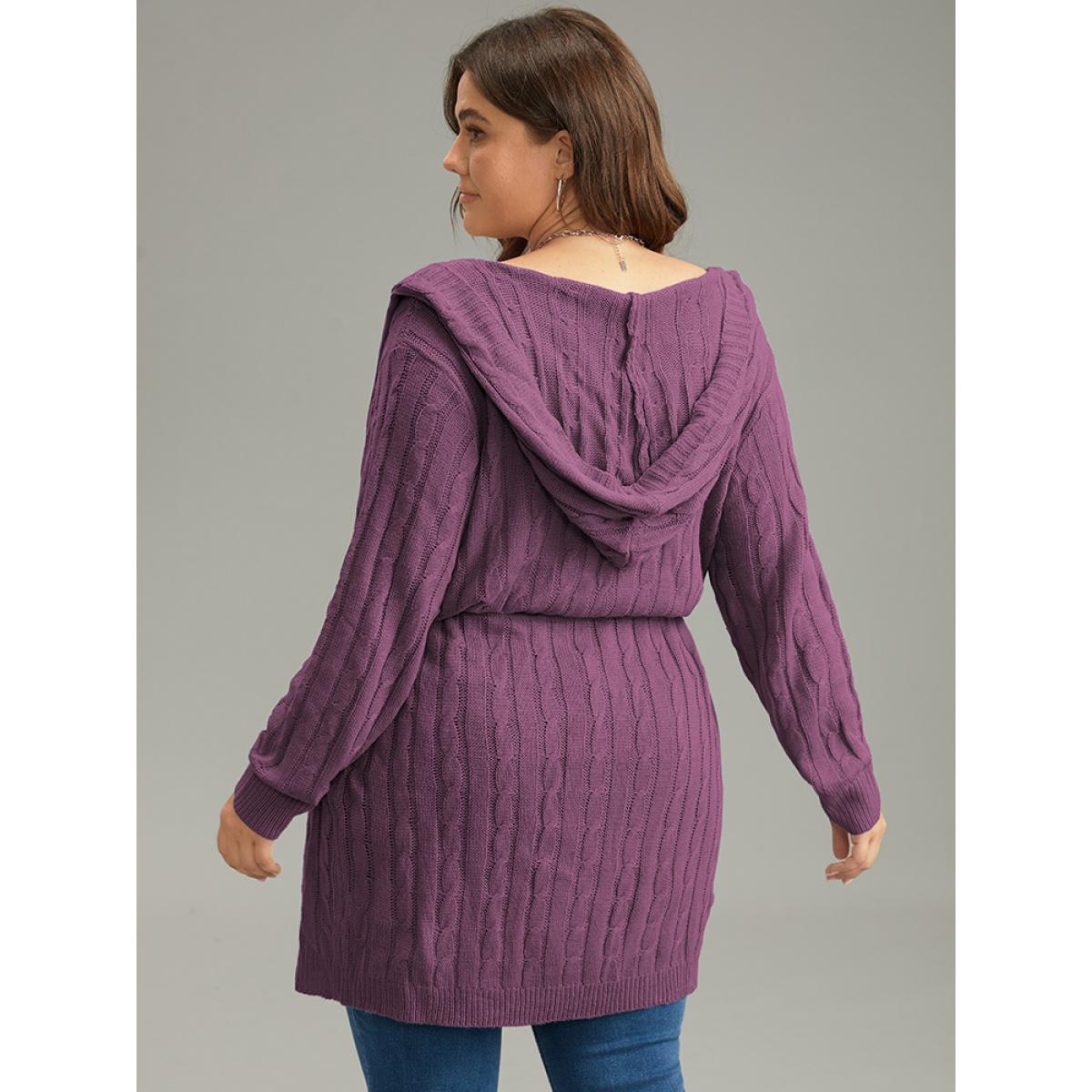 Plus Size Cable Knit Drawstring Front Hooded Cardigan Purple Women Casual Loose Long Sleeve Dailywear Cardigans BloomChic 30/6X Product Image