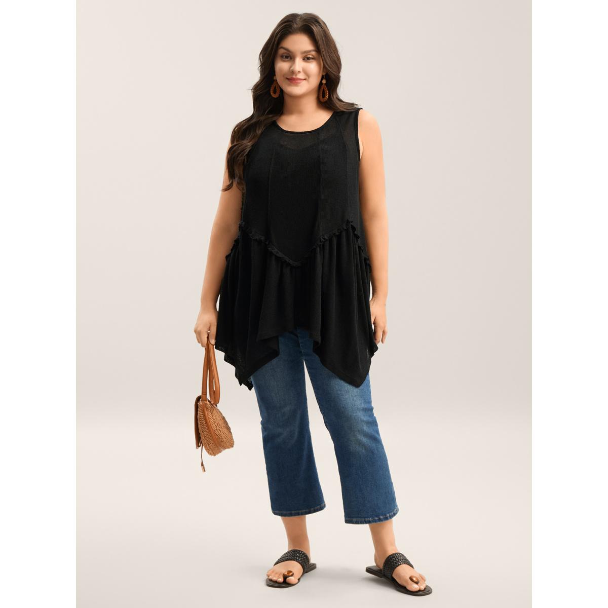 Plus Size Heather Stretchy Sheer High Low Hem Top Women Black Texture Round Neck Vacation Tank Tops Camis BloomChic 28/5X Product Image