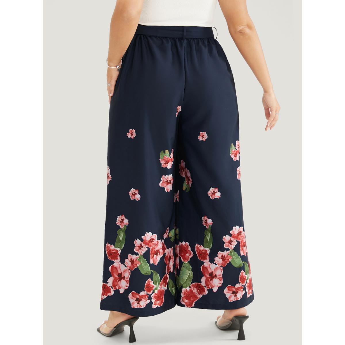 Plus Size Floral Wide Leg Pocket Pleated Detail Belt Pants Women Midnight Elegant Mid Rise Dailywear Pants BloomChic 14-16/1X Product Image