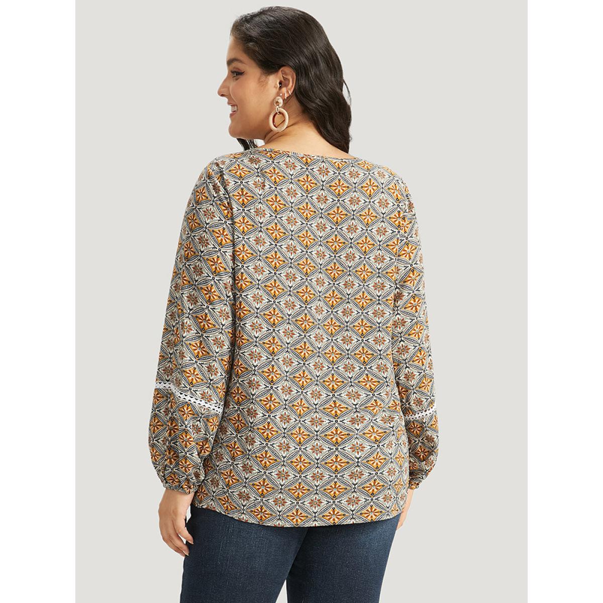 Plus Size Bronze Boho Print Notched Contrast Lace Blouse Women Vacation Long Sleeve Notched collar Dailywear Blouses BloomChic 14-16/1X Product Image