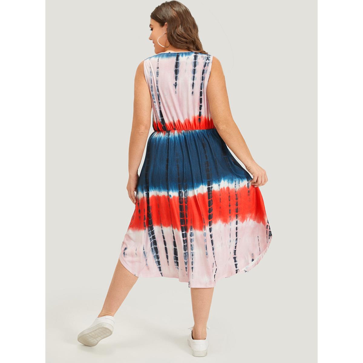 Plus Size Tie Dye Pocket Wrap Arc Hem Tank Dress Multicolor Women Casual Arc Hem V-neck Sleeveless Curvy Midi Dress BloomChic 10/M Product Image
