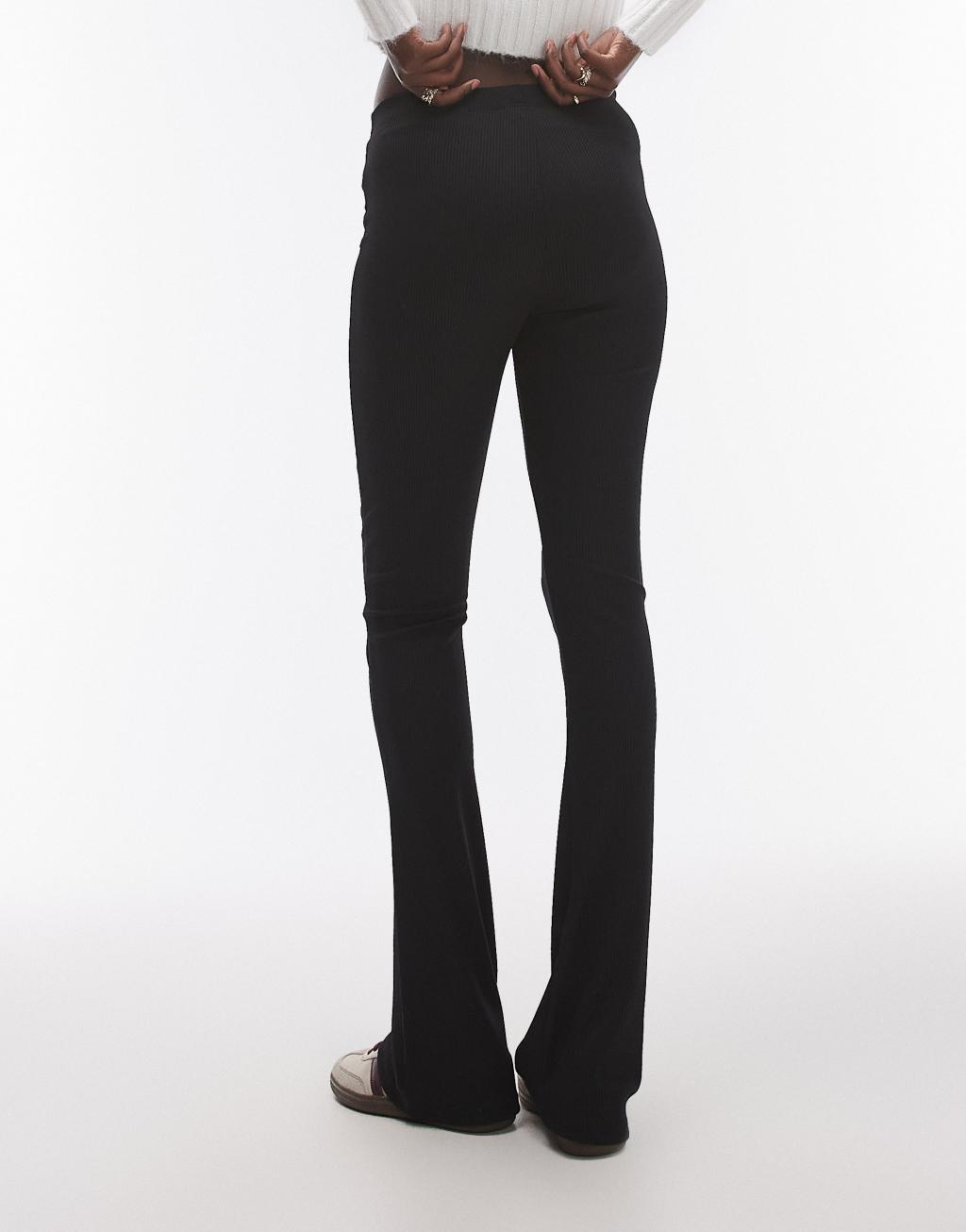 Topshop Tall skinny ribbed flared pants in black Product Image