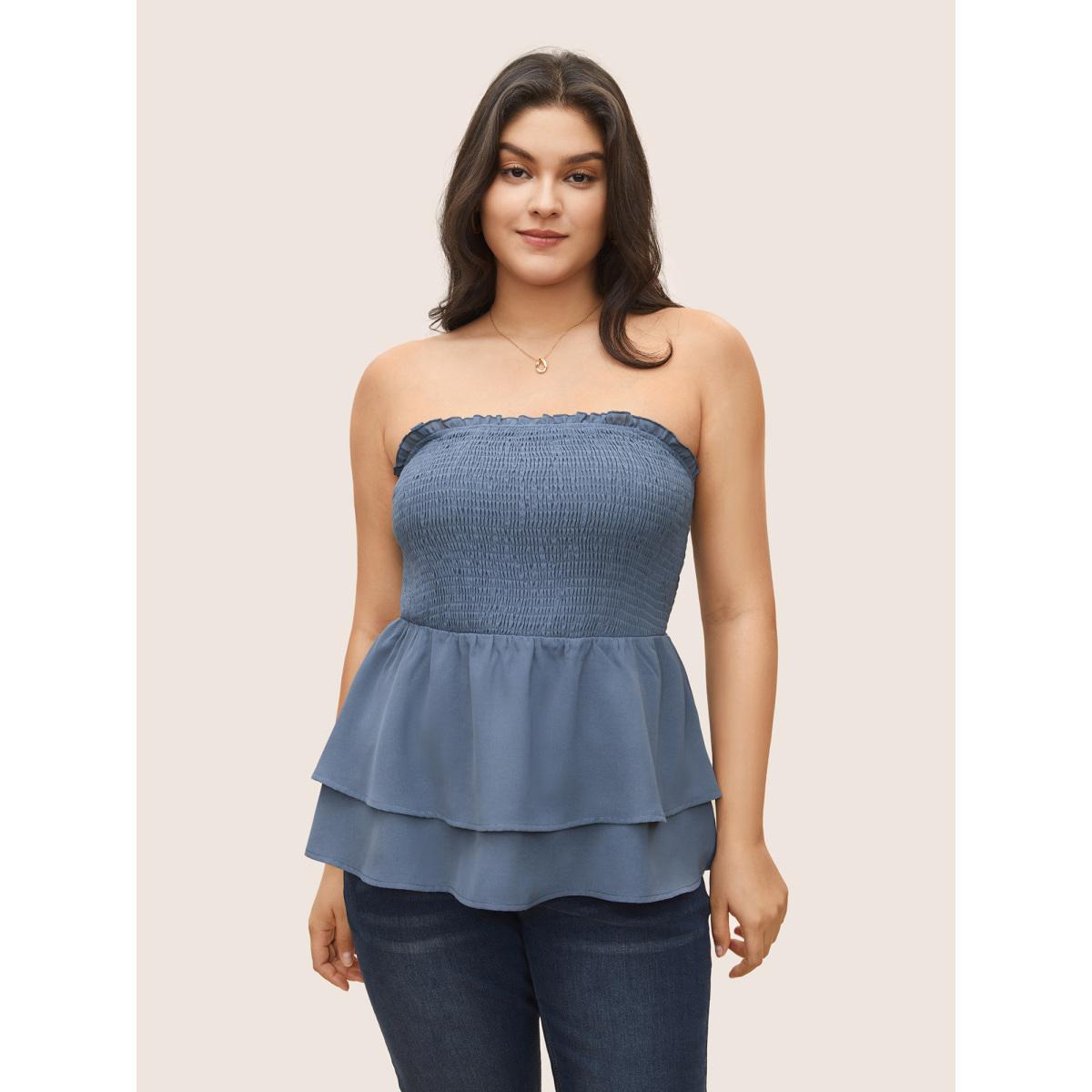 Plus Size Solid Shirred Ruffle Layered Hem Cami Top Women Stone Casual Adjustable Straps Spaghetti Strap Everyday Tank Tops Camis BloomChic 22-24/3X Product Image