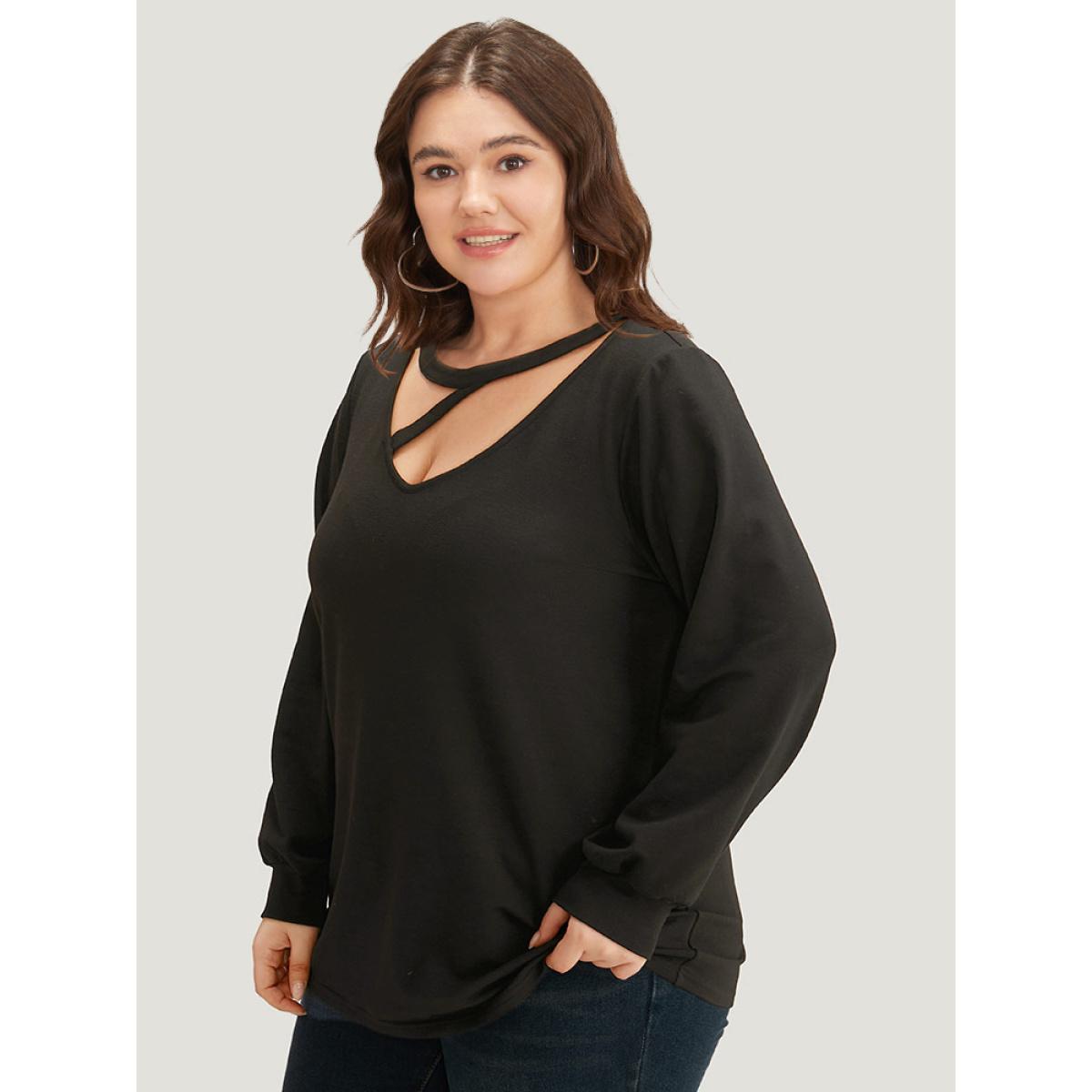 Plus Size Solid Cut Out Sweatshirt Women Black Casual Plain Keyhole Cut-Out Dailywear Sweatshirts BloomChic 22-24/3X Product Image