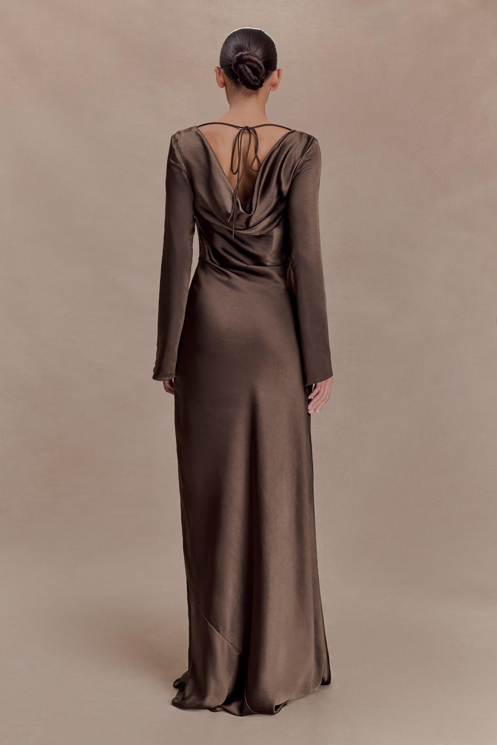Eliza Long Sleeve Cowl Lace And Satin Maxi Dress - Mocha Product Image