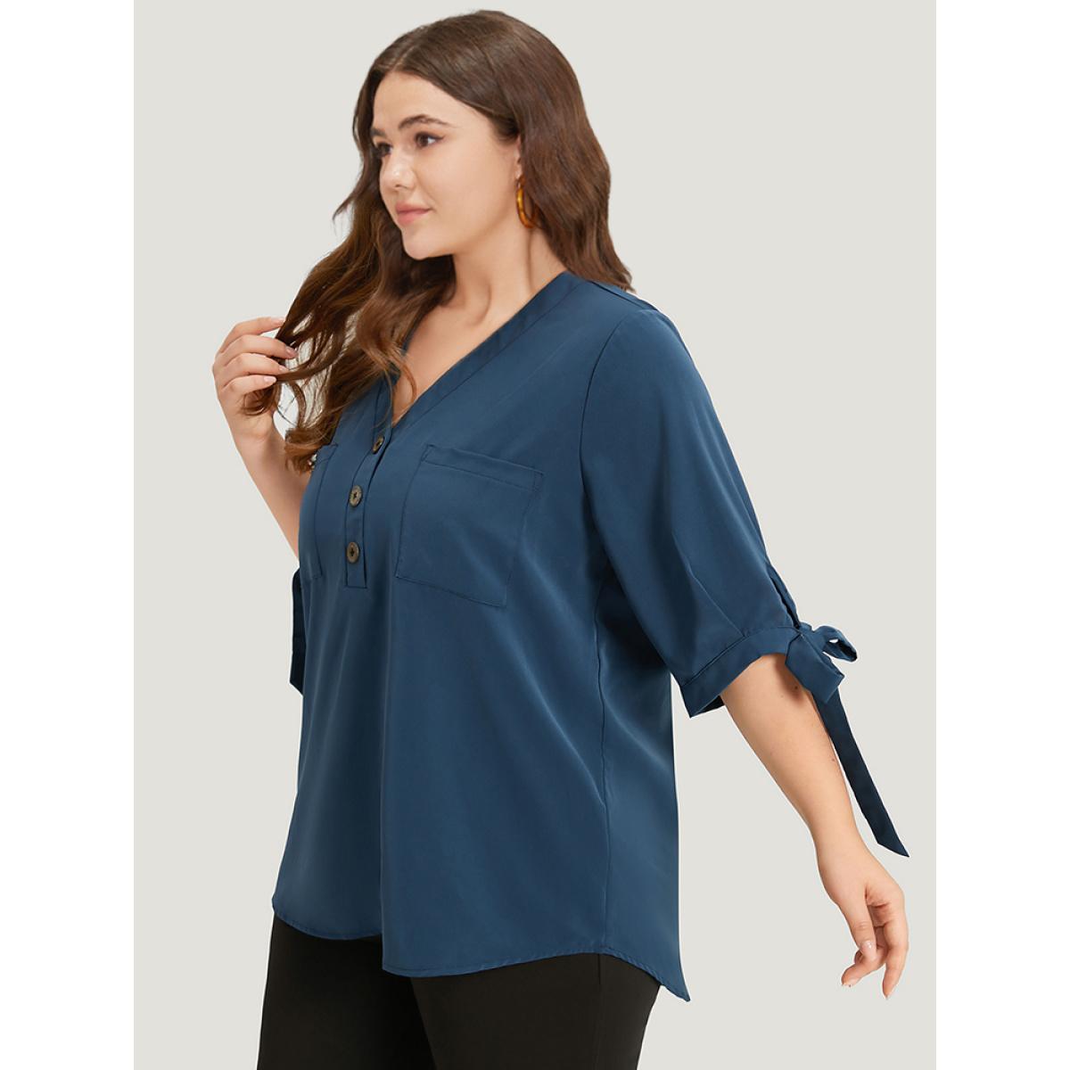 Plus Size Indigo Anti-Wrinkle Plain Button Up Knot V Neck Pocket Blouse Women Office Half Sleeve V-neck Dailywear Blouses BloomChic 30/6X Product Image