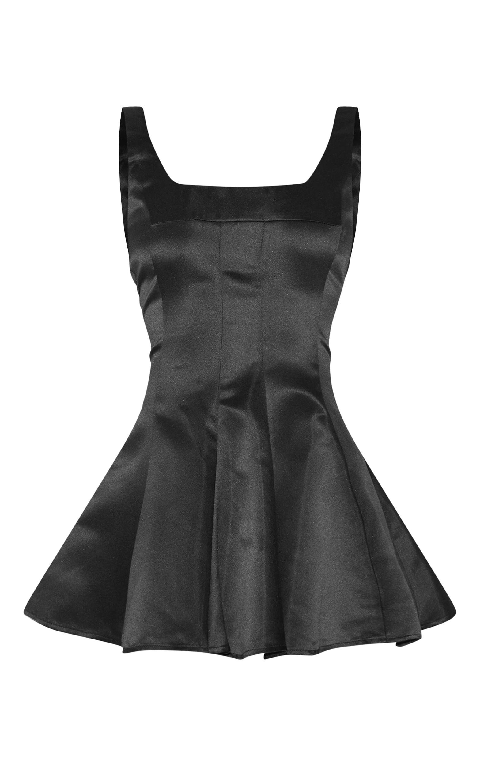 Black Satin Square Neck Pleated Shift Dress Product Image