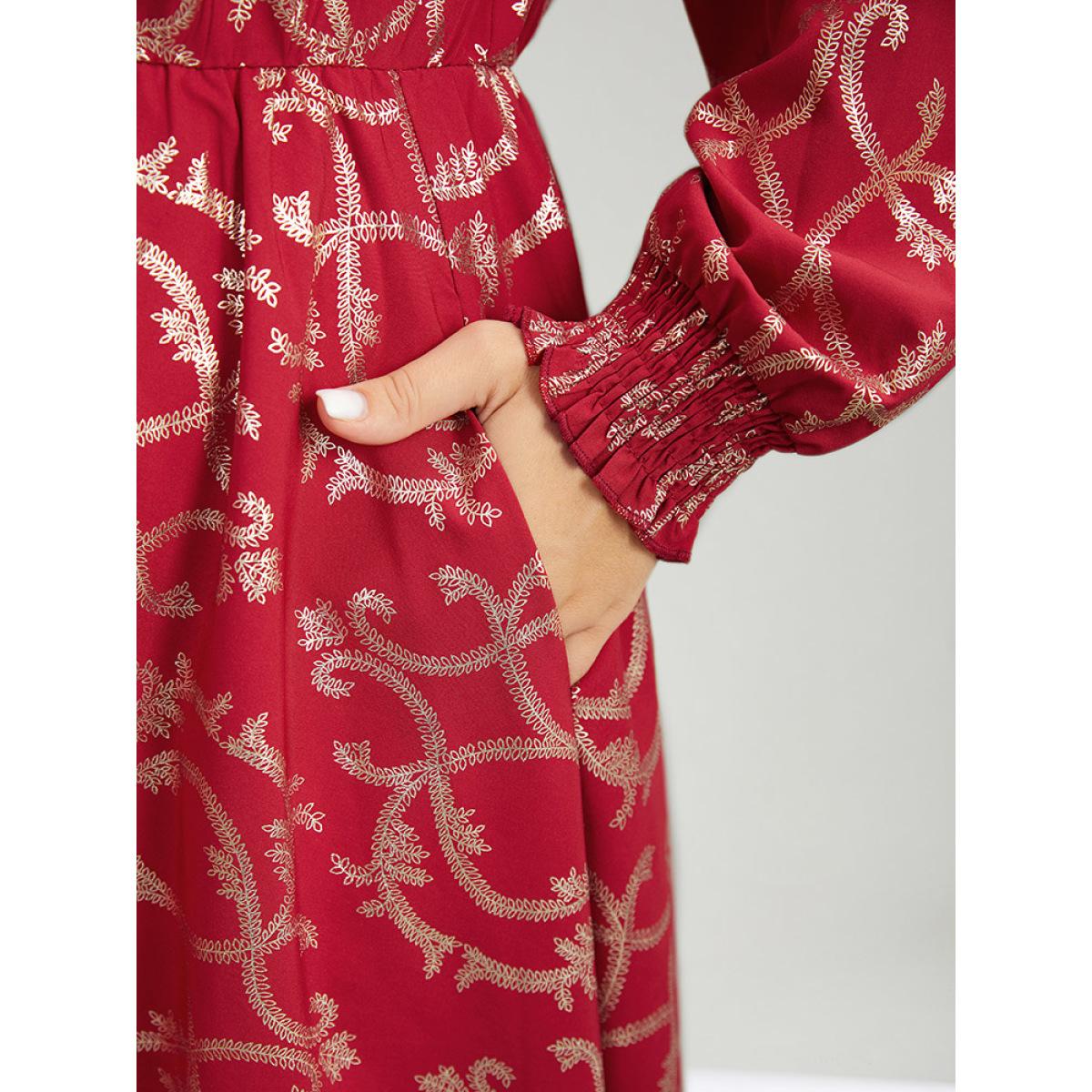 Plus Size Geometric Glitter Shirred Hanky Hem Dress Raspberry Women Party Printed Round Neck Long Sleeve Curvy Midi Dress BloomChic 10/M Product Image