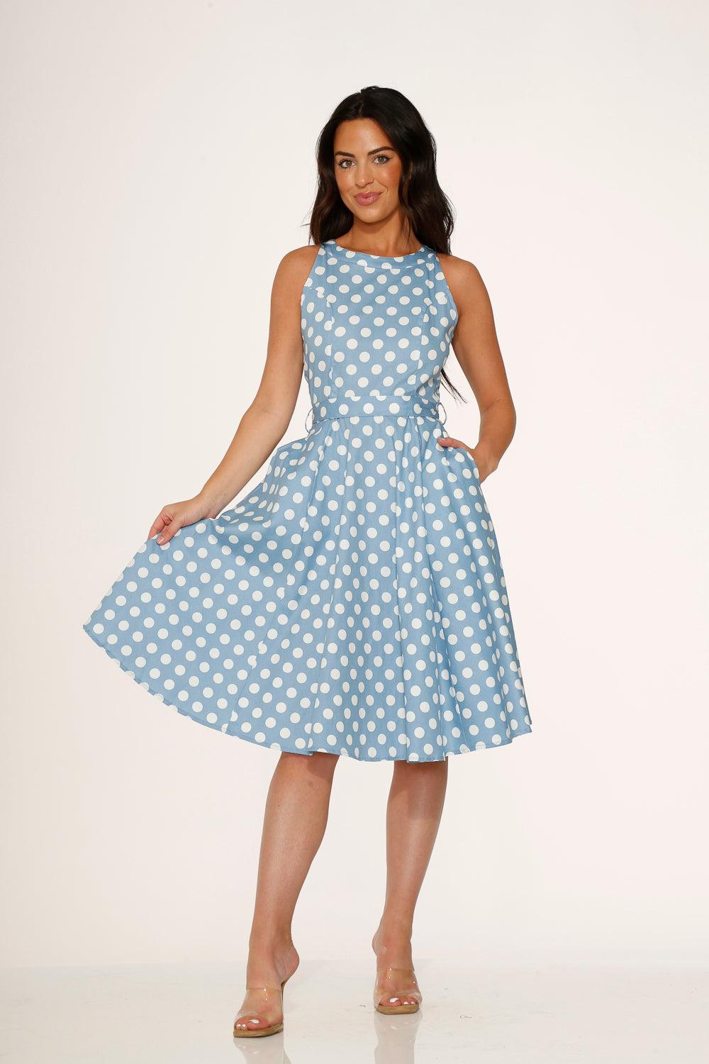 Light Blue & White Polka Dot Swing Dress Product Image