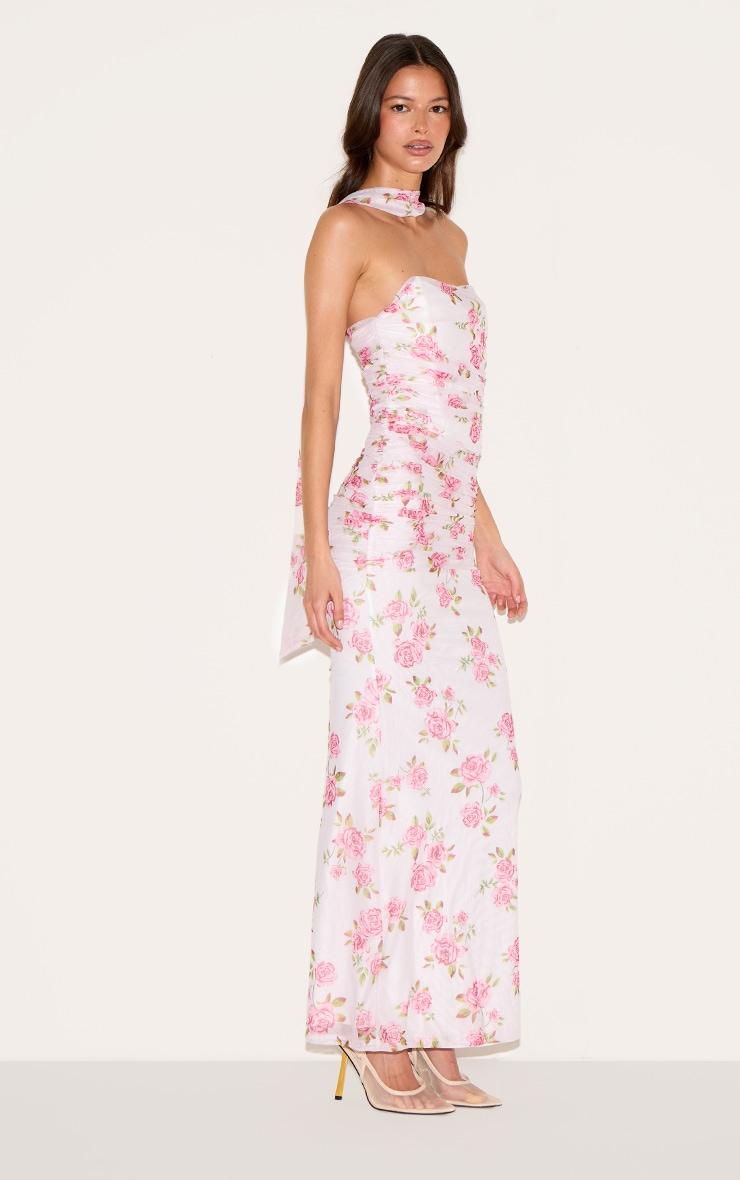 Pink Floral Scarf Detail Ruched Maxi Dress Product Image