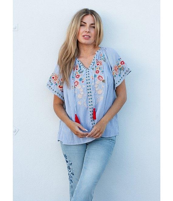 Karyn Seo Adira Floral Embroidered Tassel V-Neck Short Flutter Sleeve Top Product Image