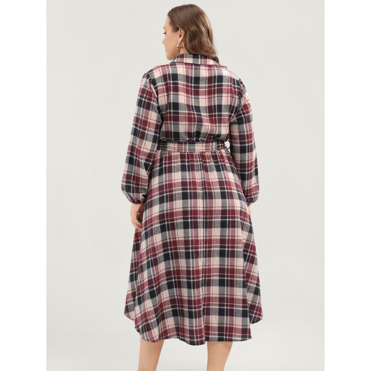 Plus Size Plaid Shirt Collar Pocket Belted Lantern Sleeve Button Up Dress Burgundy Women Elegant Shirt collar Long Sleeve Curvy Midi Dress BloomChic 28/5X Product Image