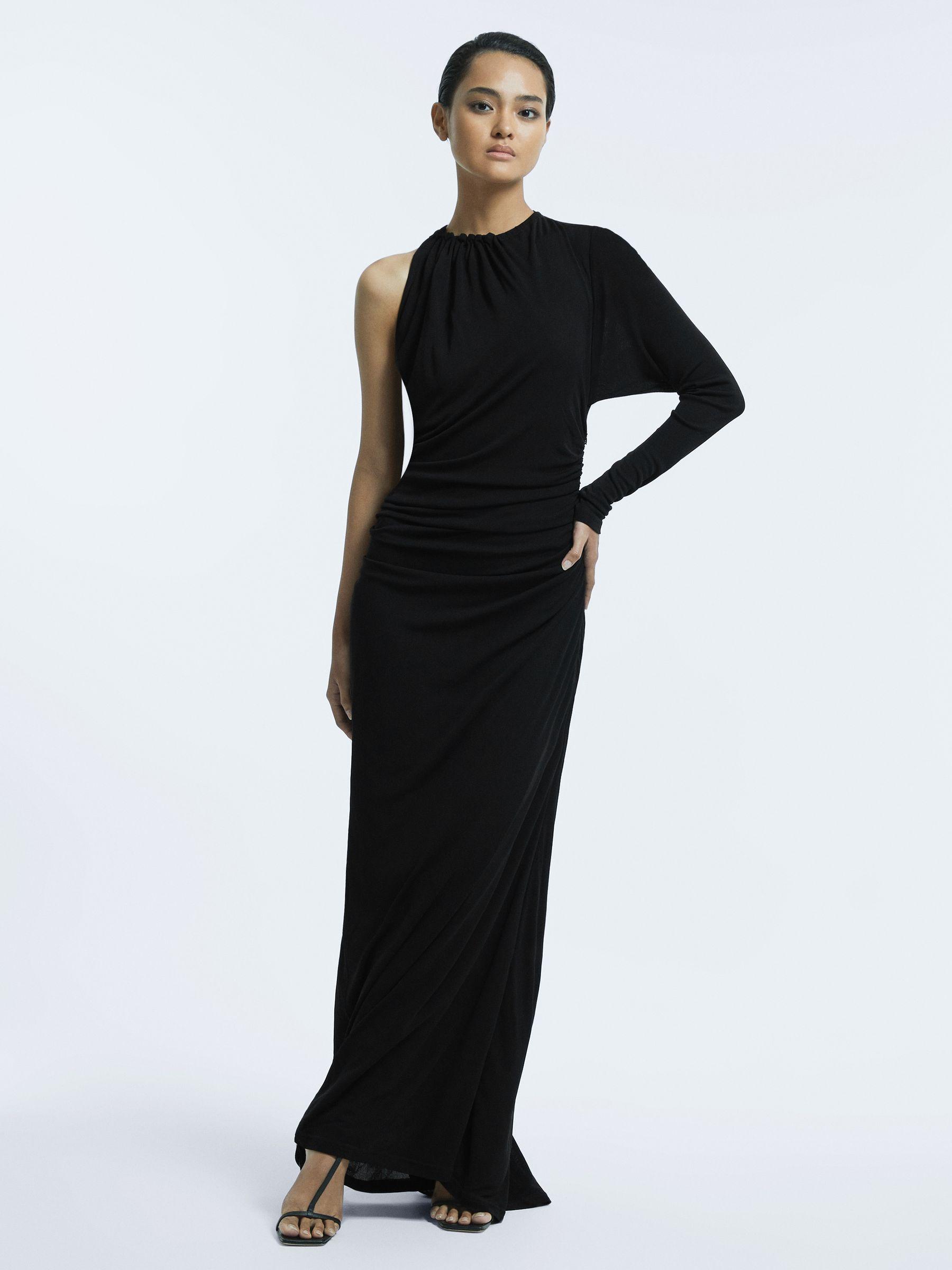 Fitted One-Shoulder Velvet Bow Maxi Dress in Black Product Image