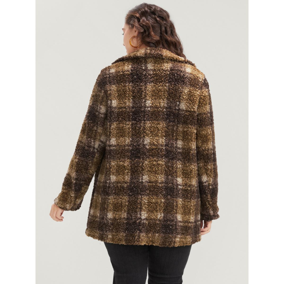 Plus Size Plaid Pocket Double Breasted Teddy Coat Women Tan Casual Pocket Ladies Dailywear Winter Coats BloomChic 12/L Product Image