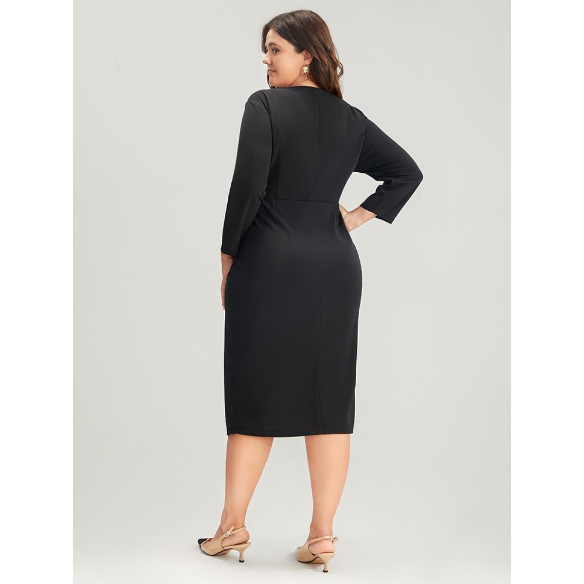Plus Size Solid Square Neck Button Up Bodycon Midi Dress Black Women Office Button Square Neck Elbow-length sleeve Curvy Midi Dress BloomChic 28/5X Product Image