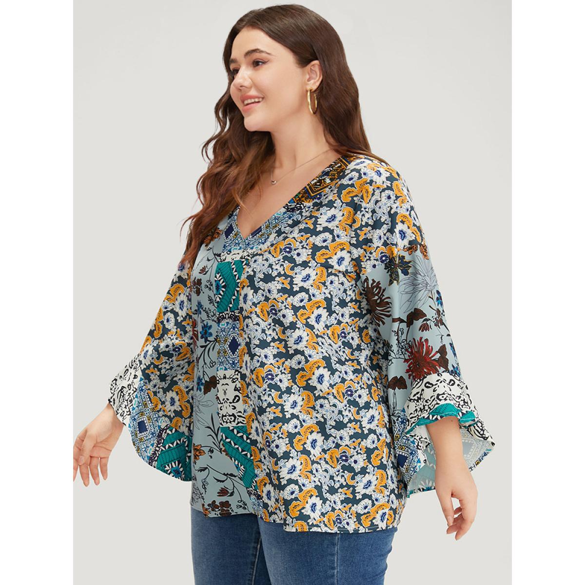 Plus Size Multicolor Bandana Print Patchwork Bell Sleeve Blouse Women Elegant Long Sleeve V-neck Vacation Blouses BloomChic 14-16/1X Product Image