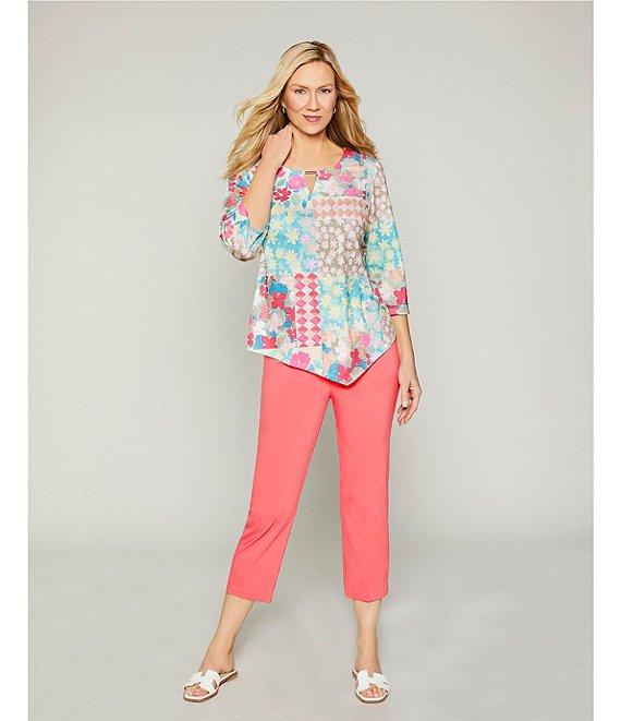 Allison Daley Petite Size Floral 3/4 Sleeve Keyhole Neck Asymmetric Hem Knit Top Product Image