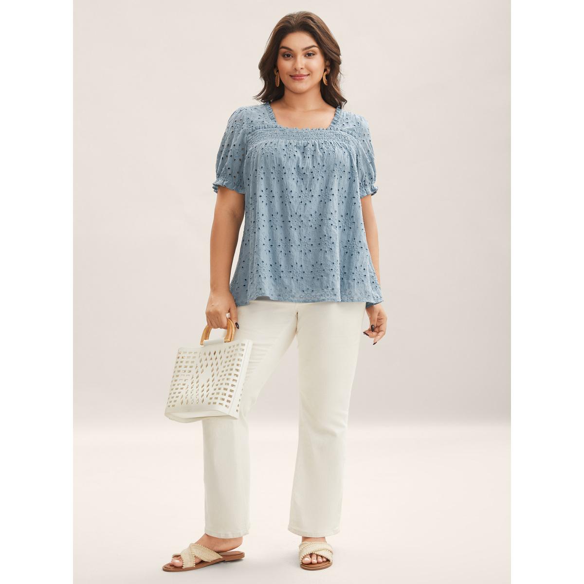 Plus Size Stone Eyelet Trim Shirred Neck Puffy Sleeve Blouse Women Short sleeve Square Neck Vacation Blouses BloomChic 26/4X Product Image