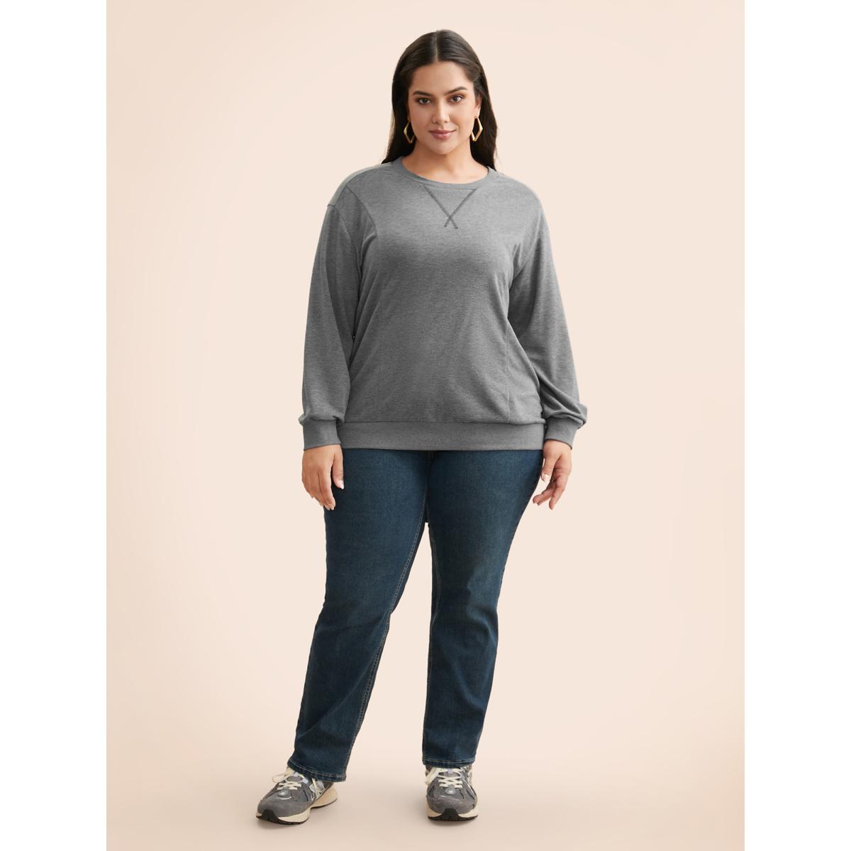 Plus Size Round Neck Stitch Slightly Stretchy Sweatshirt Women Mediumgray Casual Topstitching Round Neck Everyday Sweatshirts BloomChic 18-20/2X Product Image