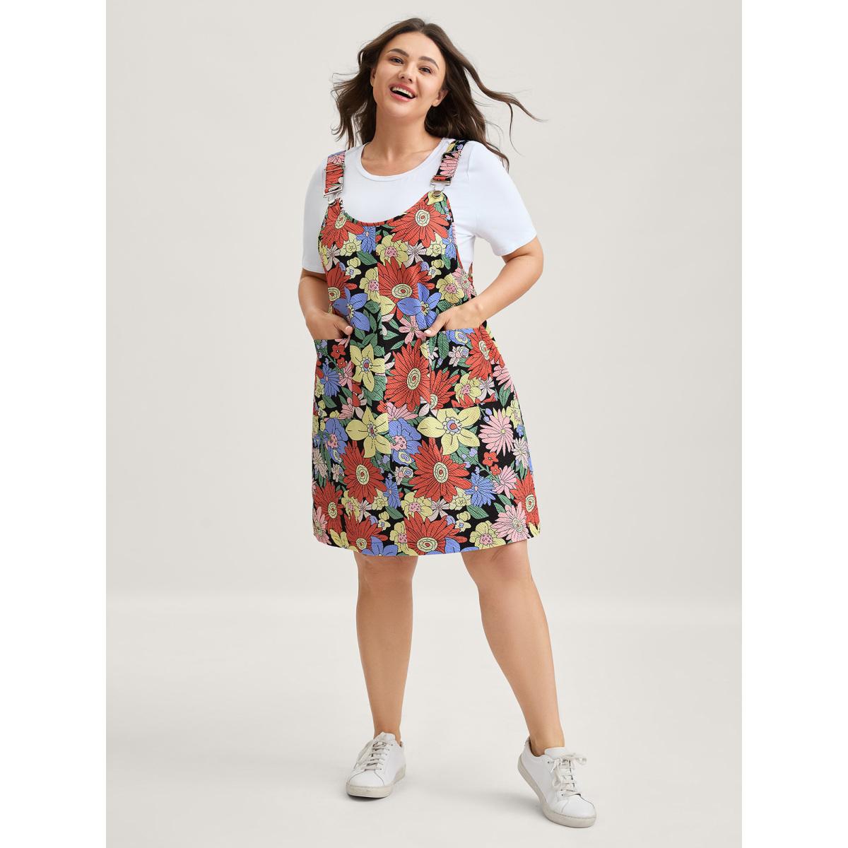Plus Size Floral Print Textured Overall Straps Dress Multicolor Women Playful Round Neck Sleeveless Curvy BloomChic 28/5X Product Image