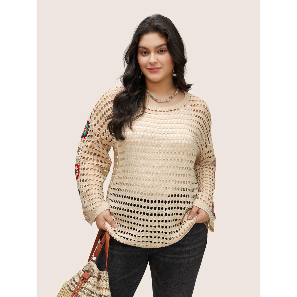 Plus Size Floral Crochet Pointelle Knit Pullover Apricot Women Resort Long Sleeve Round Neck Vacation Pullovers BloomChic 26/4X Product Image