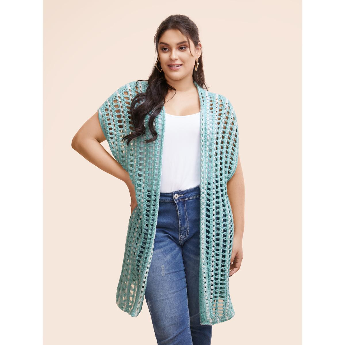 Plus Size Kimono Collar Cut Out Drop Shoulder Cardigan Turquoise Women Casual Loose Short sleeve Everyday Cardigans BloomChic 14-16/1X Product Image