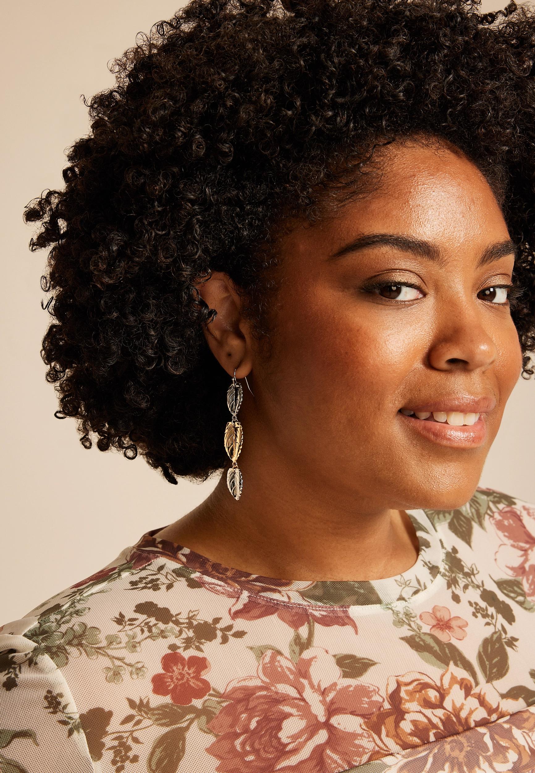 Mixed Metal Triple Leaf Drop Earrings Product Image