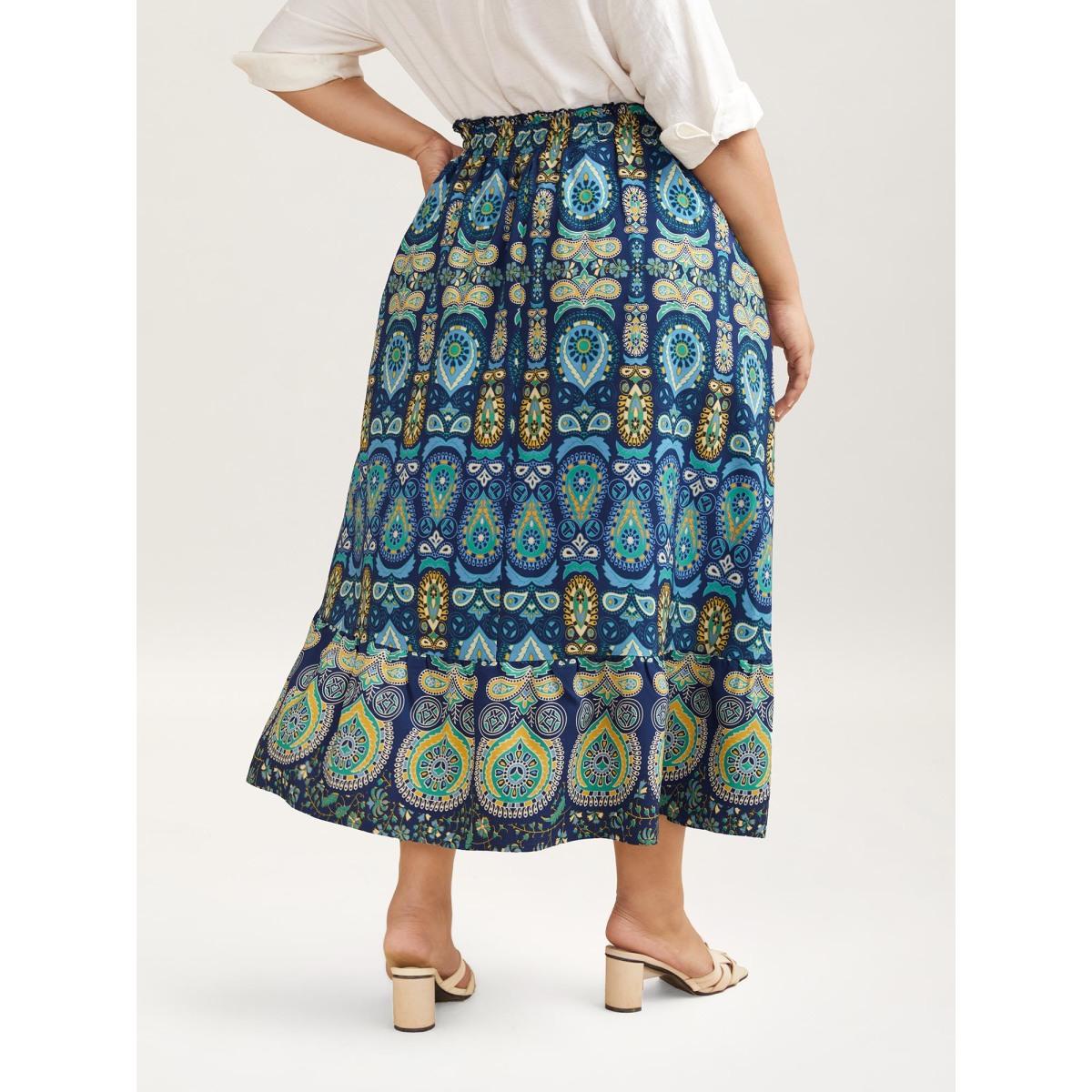 Plus Size Bohemian Floral Print Pleated Maxi Skirt Women Cerulean Resort Pleated Low stretch Slanted pocket Vacation Skirts BloomChic 30/6X Product Image