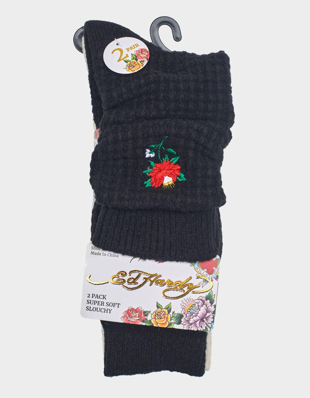 ED HARDY Rose Waffle Mid Calf 2 Pack Womens Slouchy Socks - BLACK Product Image