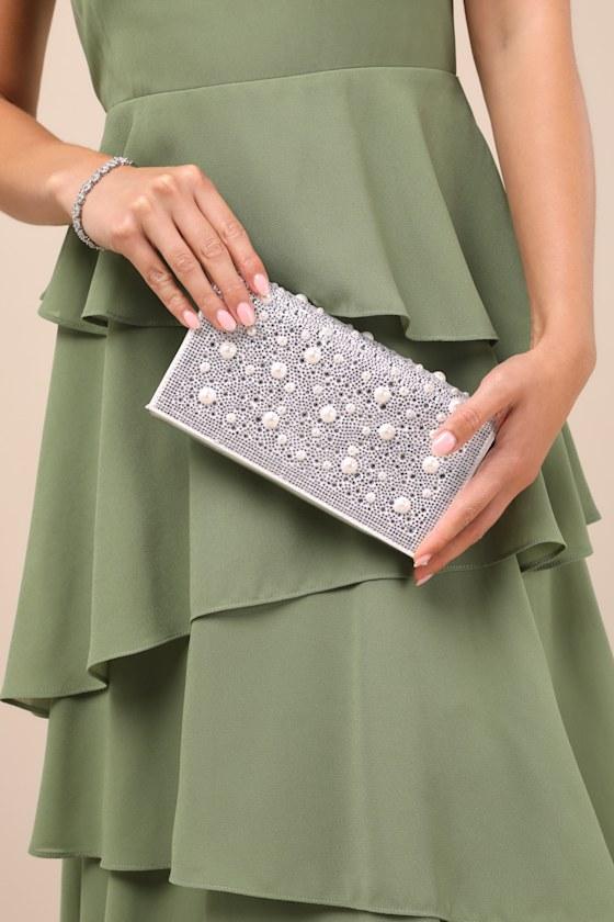 Flap Sparkler Silver Rhinestone Pearl Crossbody Clutch Product Image
