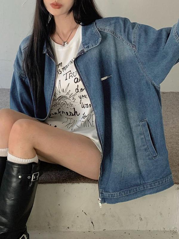 Vintage Blue Lapel Neck Zip Up Denim Jacket Product Image