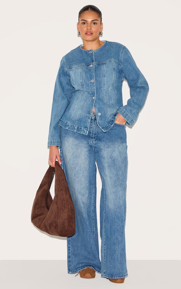 Plus Mid Blue Wash Mid Blue Wash Cinched Round Neck Denim Jacket Product Image