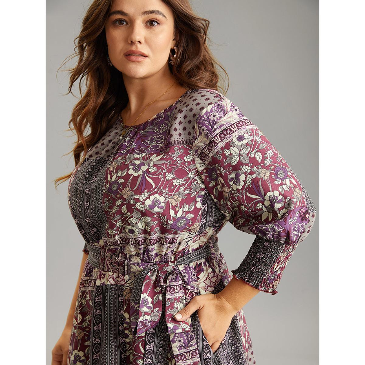 Plus Size Boho Print Belted Shirred Ruffle Layered Hem Dress Purple Women Vacation Belted Round Neck Elbow-length sleeve Curvy Midi Dress BloomChic 10/M Product Image