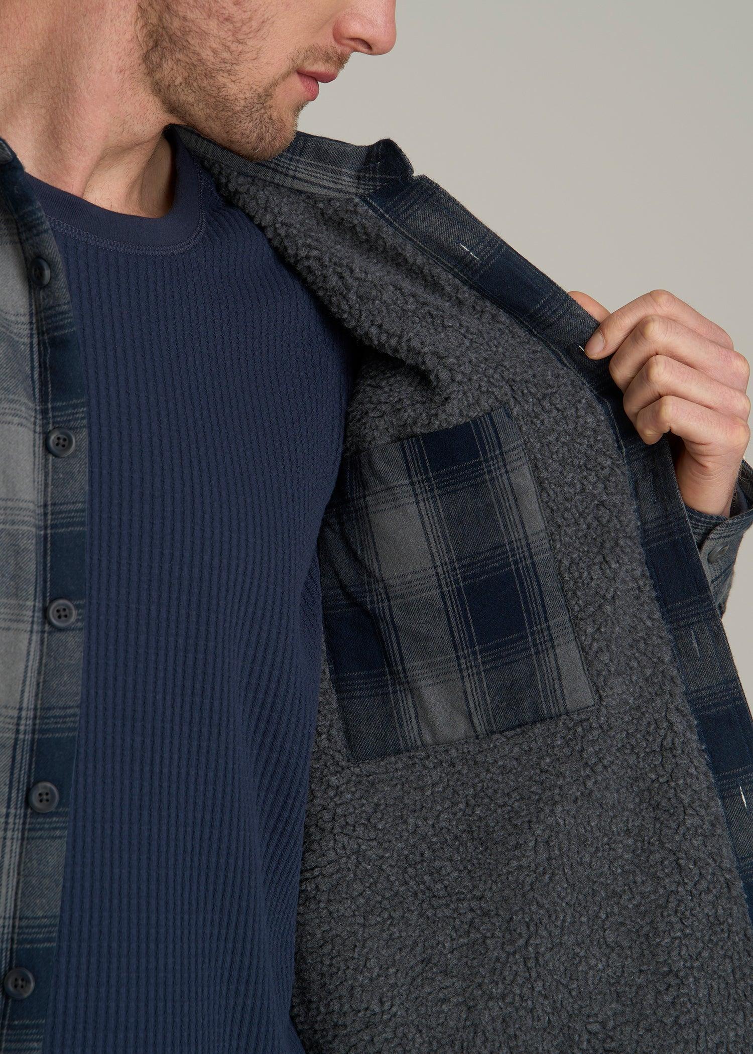 LJ&S Sherpa-Lined Shirt Jacket for Tall Men in Midnight Navy & Medium Grey Plaid Male Product Image
