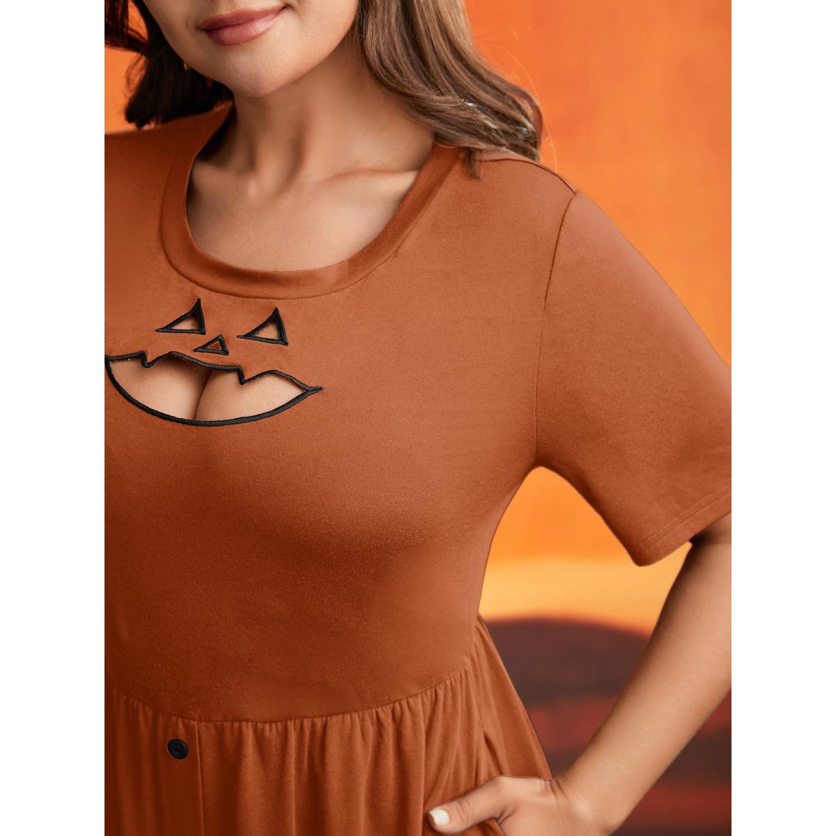 Plus Size Stretch Fabric Pumpkin Cut Out Midi Dress Coral Women Playful Button Party Curvy Bloomchic 18-20/2X Product Image