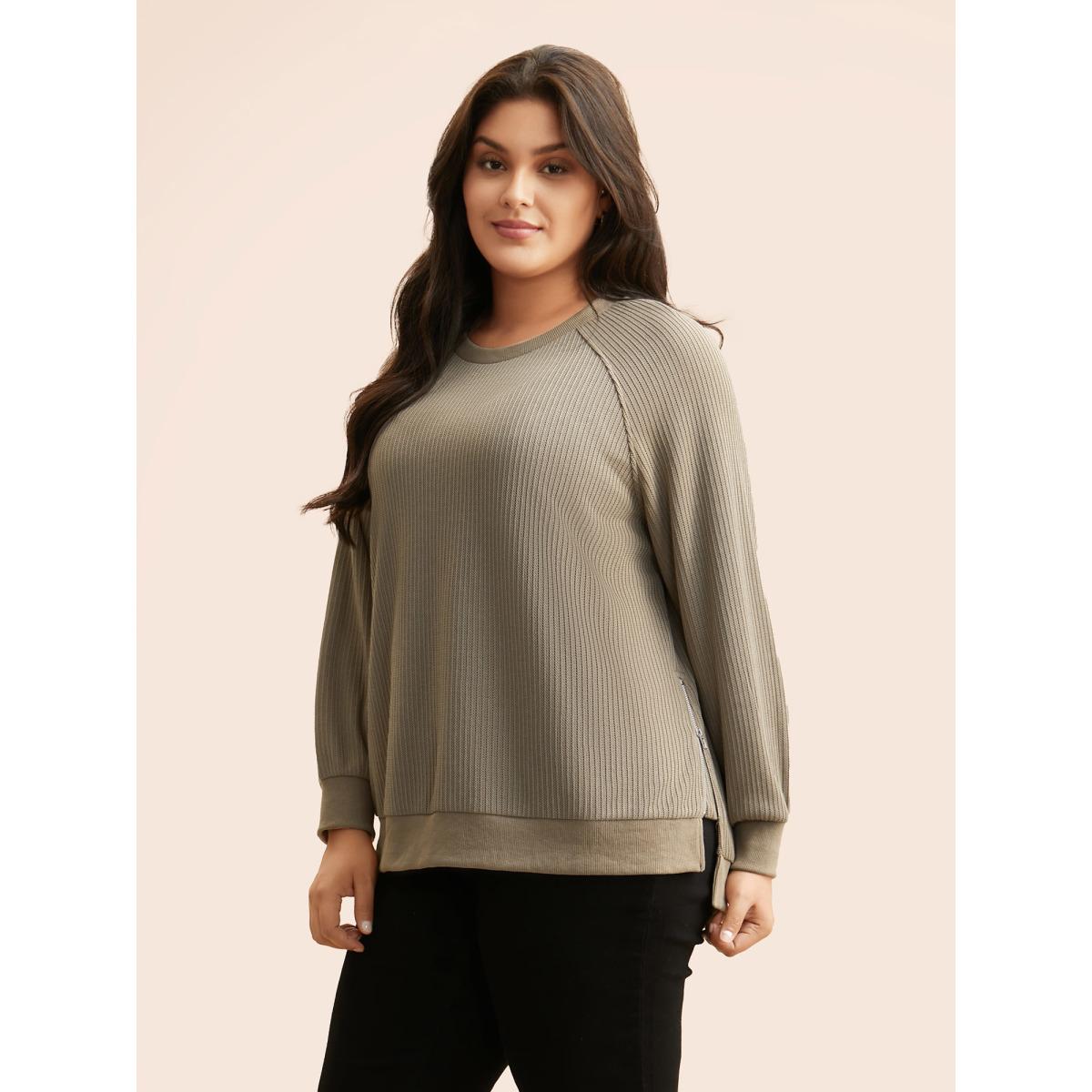Plus Size Crew Neck Zipper Detail Raglan Sleeve Sweatshirt Women LightBrown Casual Texture Loose Round Neck Everyday Sweatshirts BloomChic 22-24/3X Product Image