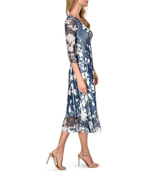 Komarov V-Neck Sheer Hem 3/4 Sleeve Midnight Vine Floral Print Charmeuse Midi Dress Product Image