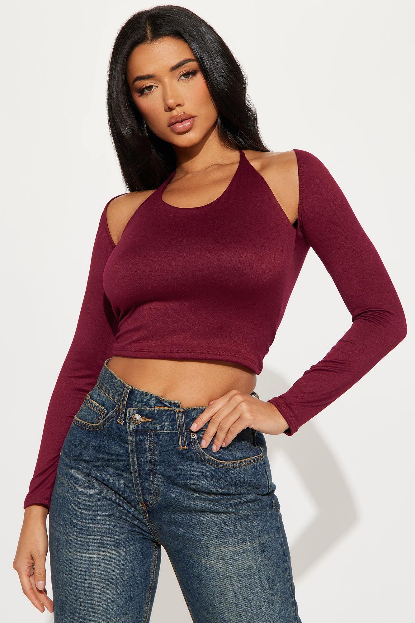 My Flow Long Sleeve Halter Top - Burgundy Product Image