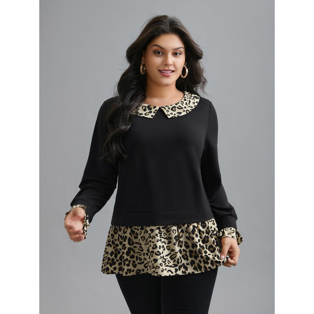 Plus Size Peter Pan Collar Leopard Print Patchwork Sweatshirt Women Black Elegant Contrast Peter Pan collar Everyday Sweatshirts BloomChic 10/M Product Image