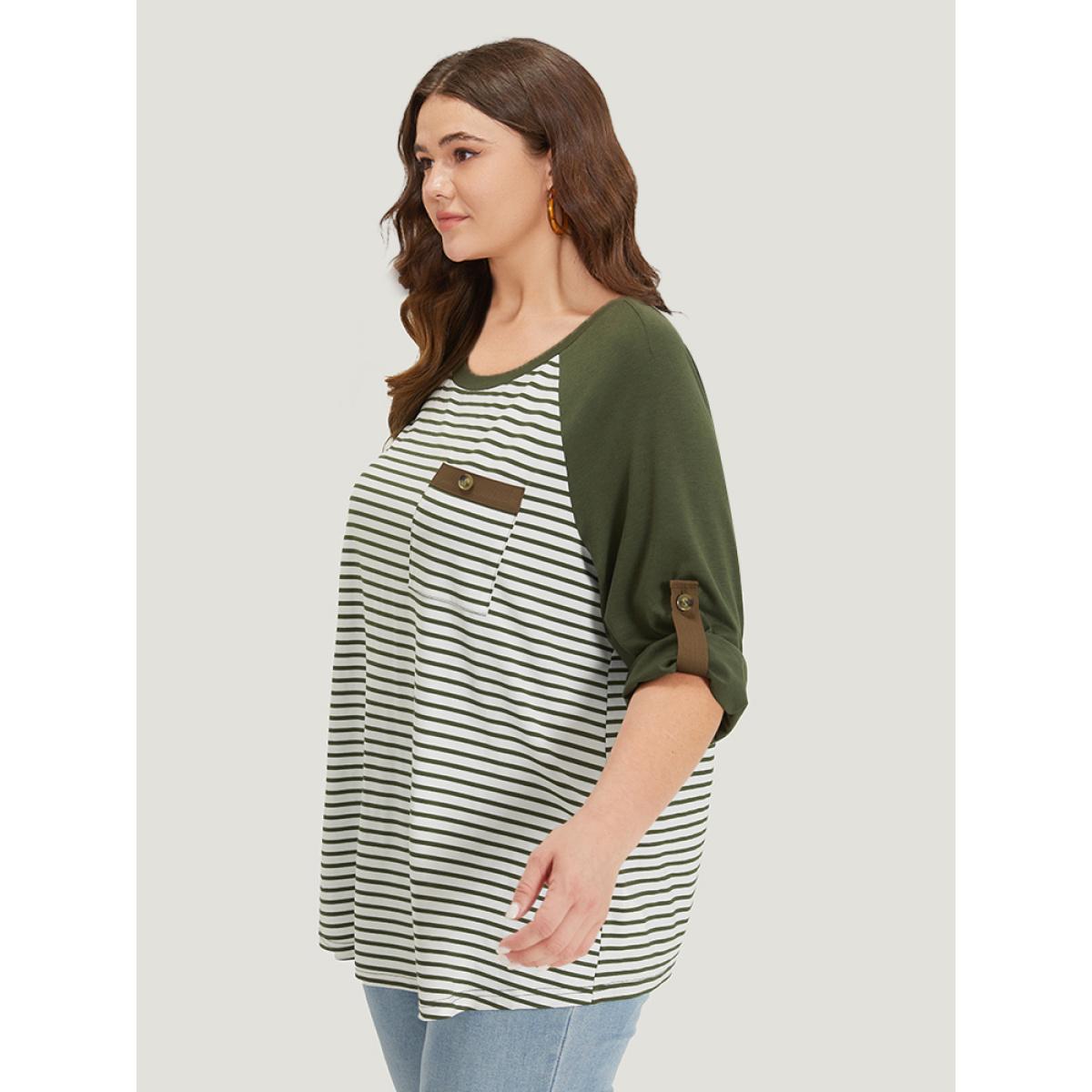 Plus Size Striped Patchwork Patched Pocket Raglan Sleeve T-shirt ArmyGreen Women Casual Contrast Striped Round Neck Dailywear T-shirts BloomChic 10/M Product Image