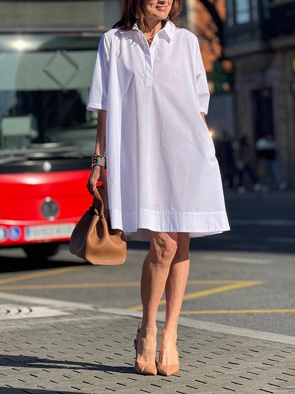 A-Line Short Sleeves Solid Color Split-Joint Lapel Mini Dresses Shirt Dress Product Image