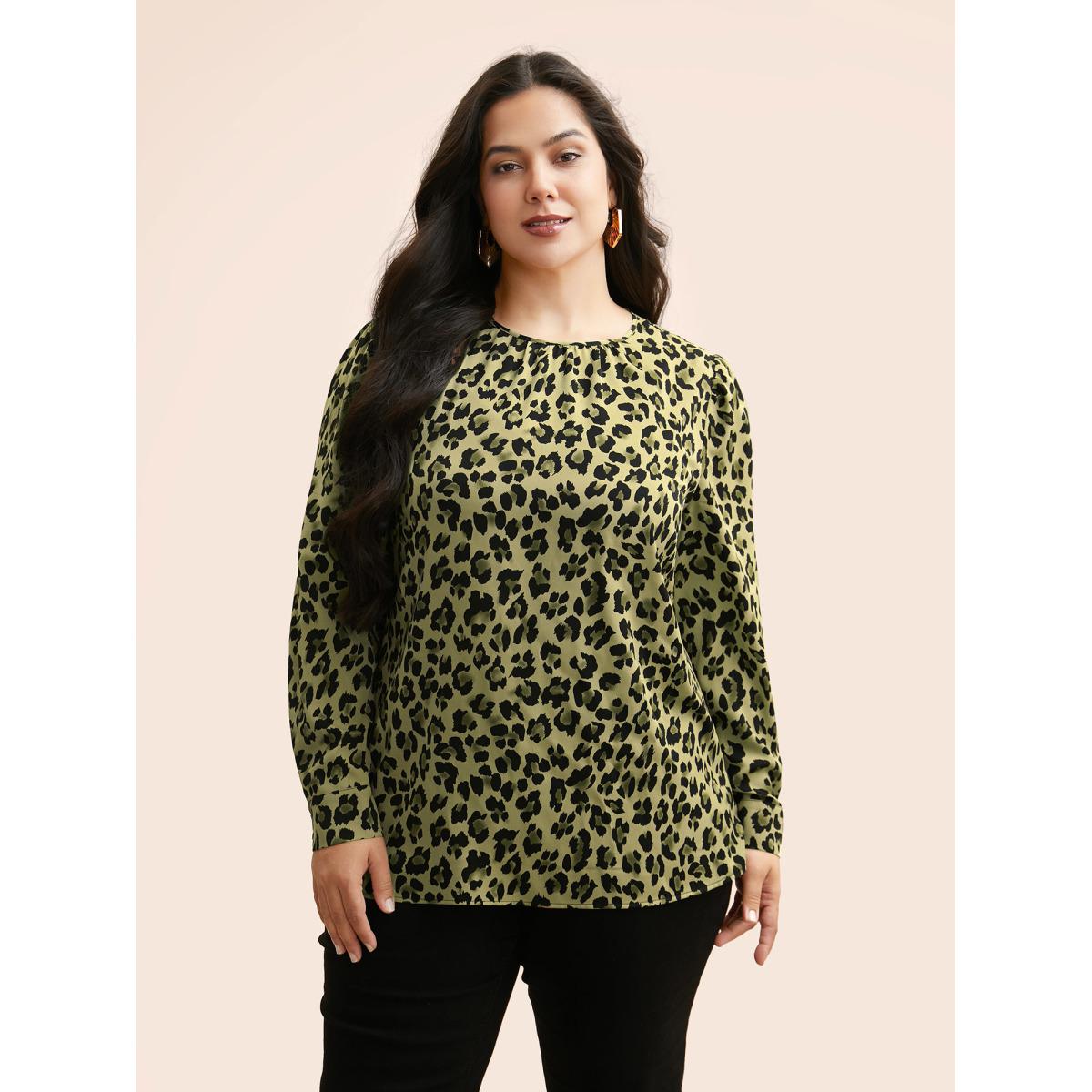 Plus Size Moss Leopard Print Mock Neck Gathered Blouse Women At the Office Long Sleeve Mock Neck Office Blouses BloomChic 28/5X Product Image