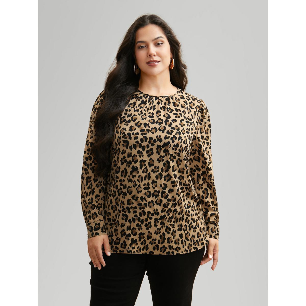 Plus Size LightBrown Leopard Print Mock Neck Gathered Blouse Women At the Office Long Sleeve Mock Neck Work Blouses BloomChic 22-24/3X Product Image