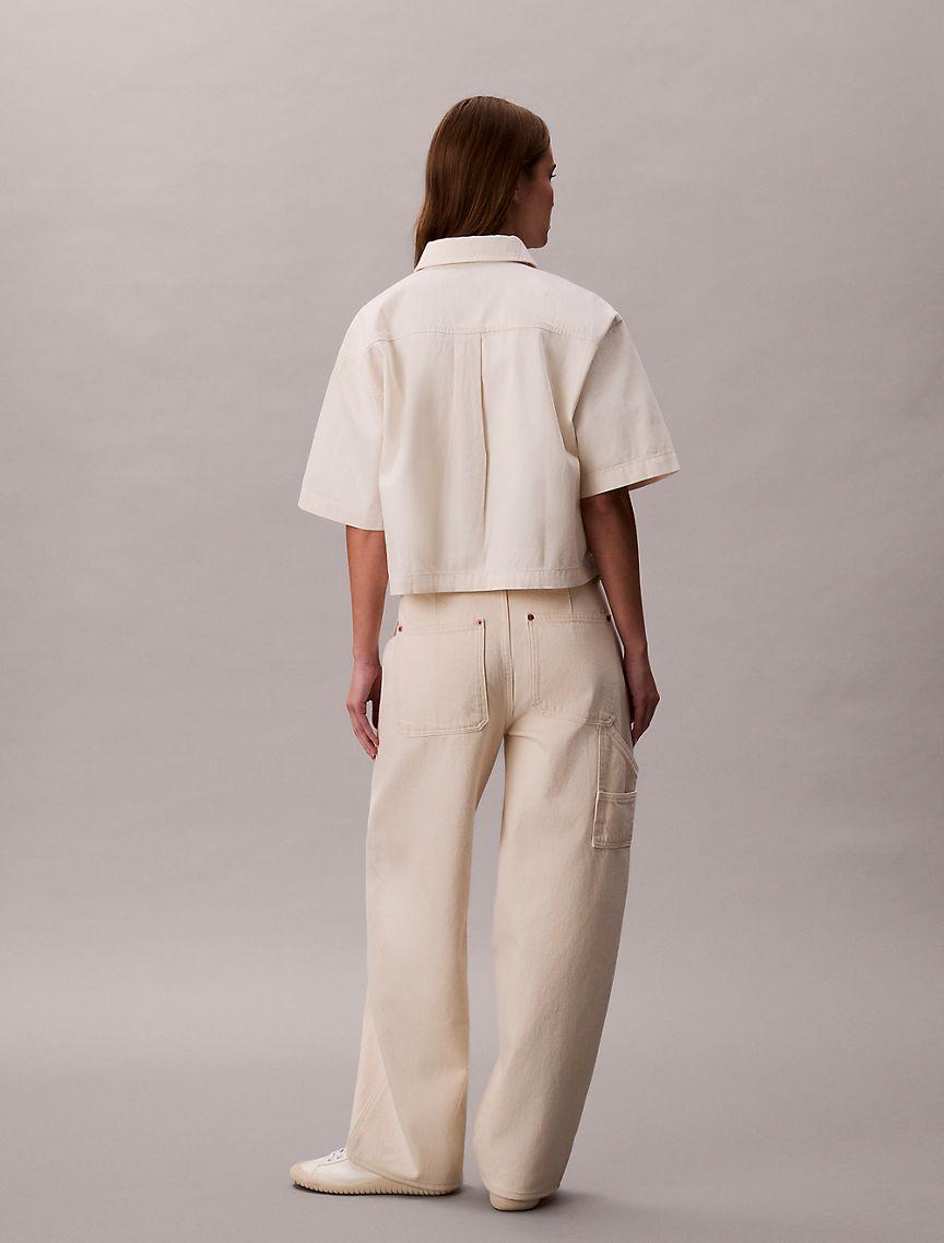 Denim Cropped Relaxed Button-Down Shirt  Product Image