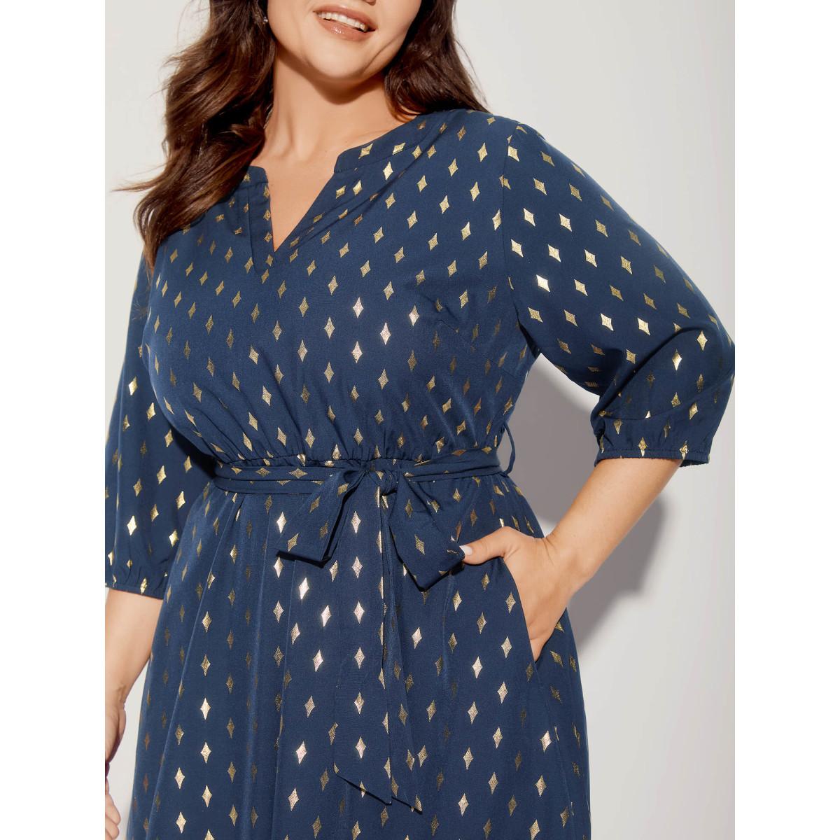 Plus Size Glitter Notched Lantern Sleeve Midi Dress Indigo Women Party&Cocktail Gathered Notched collar Elbow-length sleeve Curvy BloomChic 22-24/3X Product Image