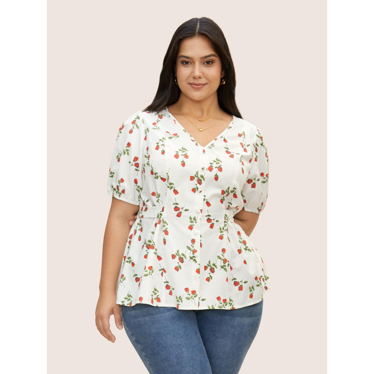 Plus Size Ivory Rose Print Tie Knot Button Detail Ties Blouse Women Elegant Short sleeve V-neck Everyday Blouses BloomChic 26/4X Product Image